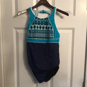 Land's End Blue 1-Piece Modest Swimsuit Bathing Suit 2-tone Size 6